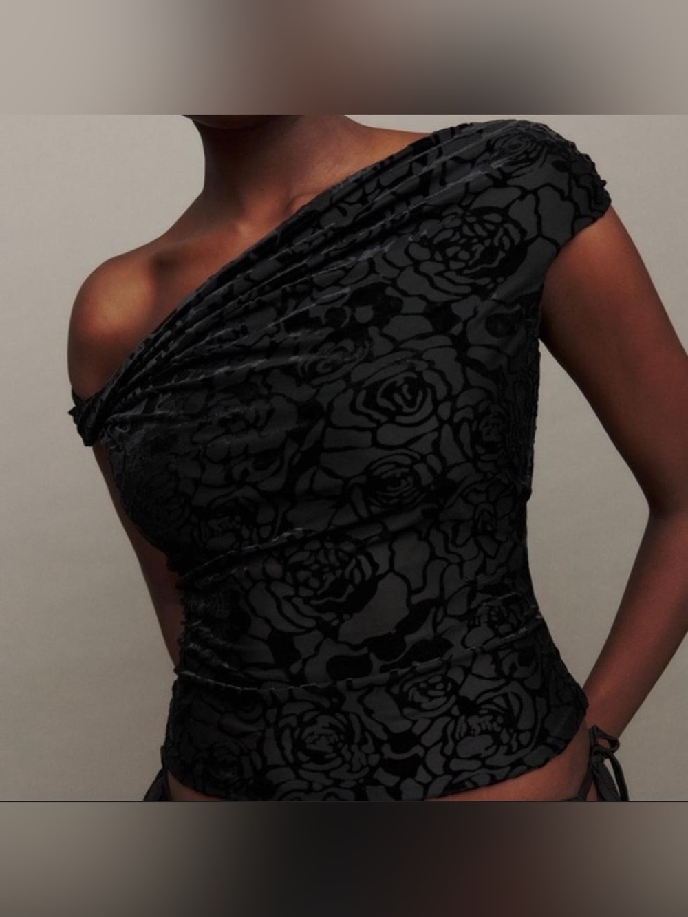 reformation cello knit velvet off shoulder top with rose pattern
